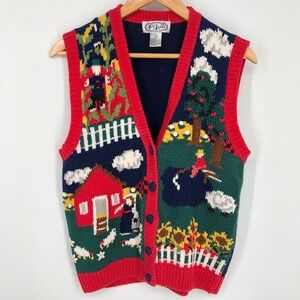 Vintage P'Galli Womens Sweater Vest Cardigan M Autumn‎ Sheep Scarecrow Farmer
